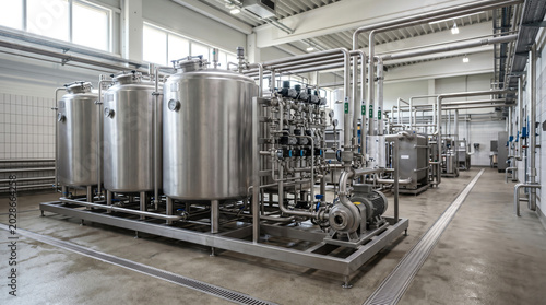 Clean-in-place CIP skid with tanks pumps and a valve manifold for circulating cleaning solution through a food processing plant under bright sanitary lighting