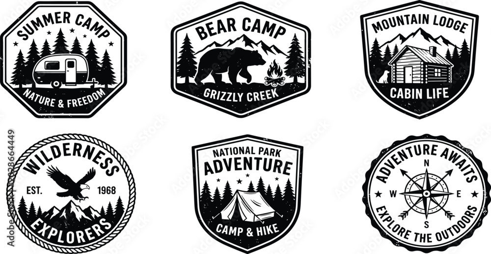 Fototapeta premium Vintage outdoor adventure emblem set featuring grunge camping labels with camper trailer grizzly bear mountain cabin eagle tent and compass,