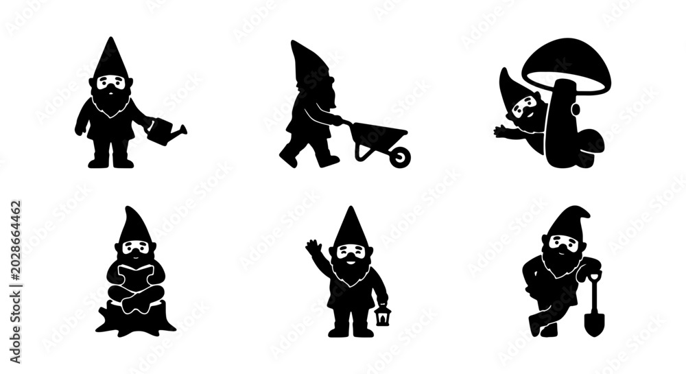 Obraz premium Garden Gnome Silhouettes Vector Set: Whimsical Characters for Enchanted Landscapes and Fantasy Designs