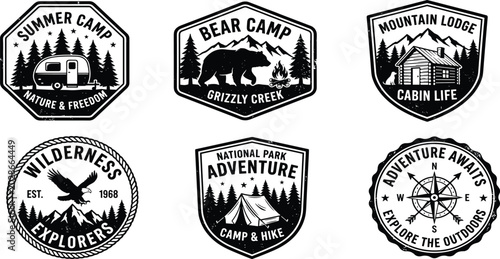 Vászonkép Vintage outdoor adventure emblem set featuring grunge camping labels with camper