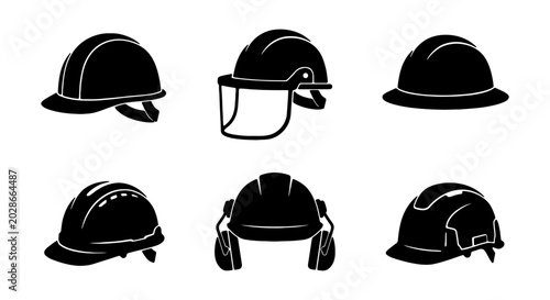 Hard Hat Icons Set, Safety Helmets Collection, Protective Headwear Vector Graphics