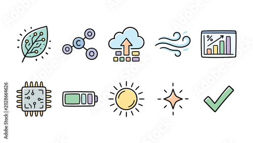 Photos Eco-Technology Icons: A collection of hand-drawn icons representing eco-friendly technologies, including a leaf with circuit board, molecule, cloud upload, wind, graph, microchip, battery, sun