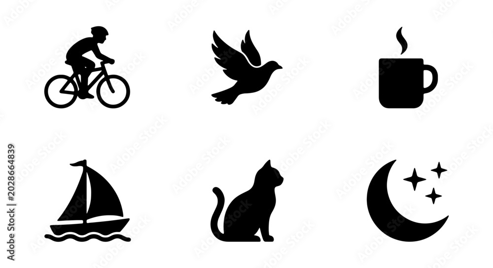 Fototapeta premium Simple Silhouette Icons: Bicycle, Bird, Coffee, Sailboat, Cat, Moon & Stars
