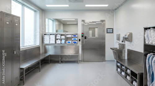 Pharmaceutical cleanroom gowning airlock with stainless benches gowning supplies and an interlocked door before the production suite under clean even lighting