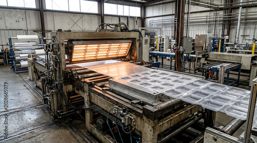 Sheet thermoforming machine heating a plastic sheet and vacuum-forming it into trays inside a packaging plastics plant under clean even factory lighting