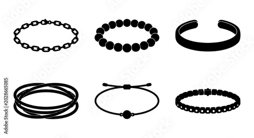 Billede på lærred Black Bracelets Collection, Jewelry Accessories Set, Fashion Accessory Icons, Ve