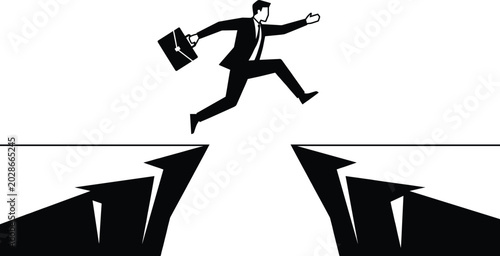 Bild auf Leinwand Business silhouette of professional leaping with briefcase across cliffs symboli