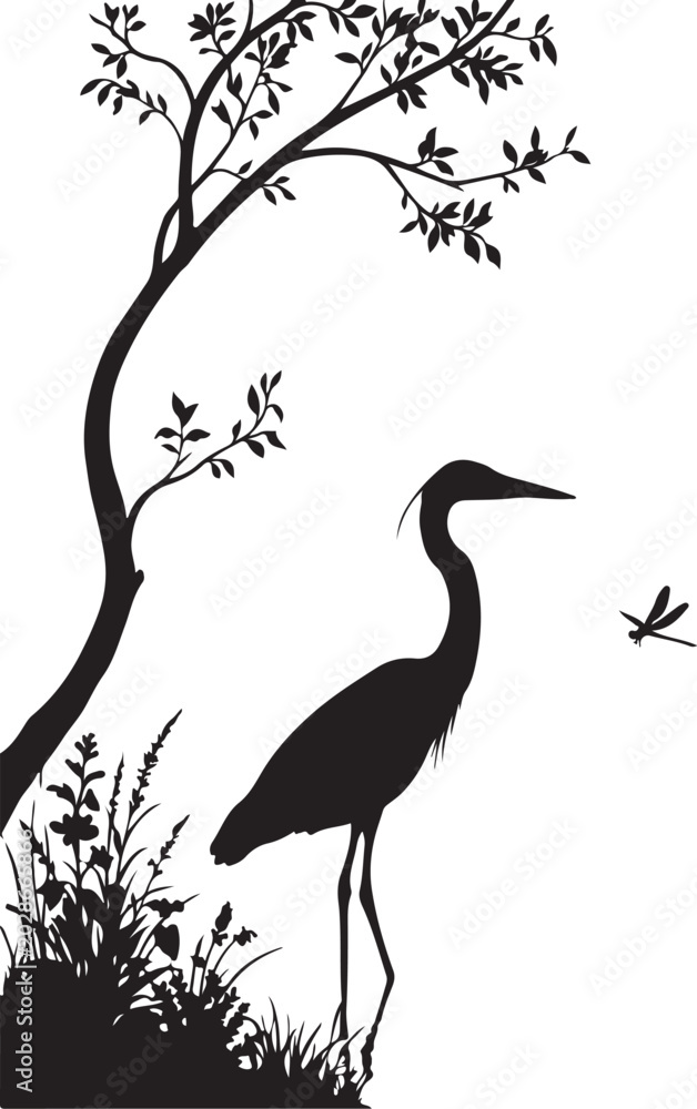 Fototapeta premium Bird standing in shallow water with plants and grass