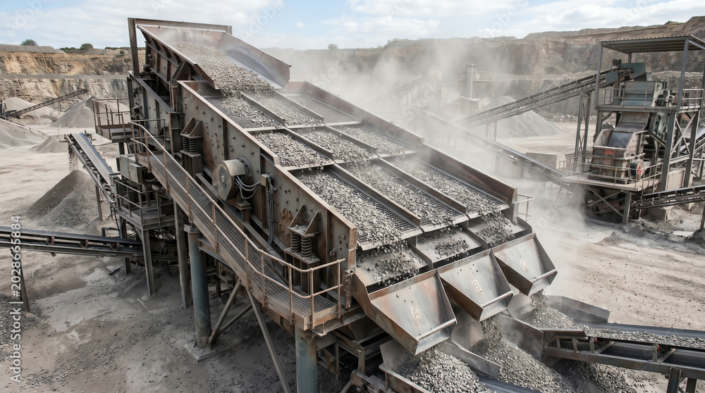 Fototapeta premium Multi-deck inclined vibrating screen sorting crushed stone into size fractions with dust rising in an aggregate processing plant during an active production shift