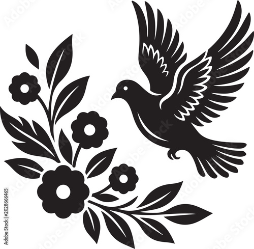 Dove flying with floral elements, black silhouette, white background