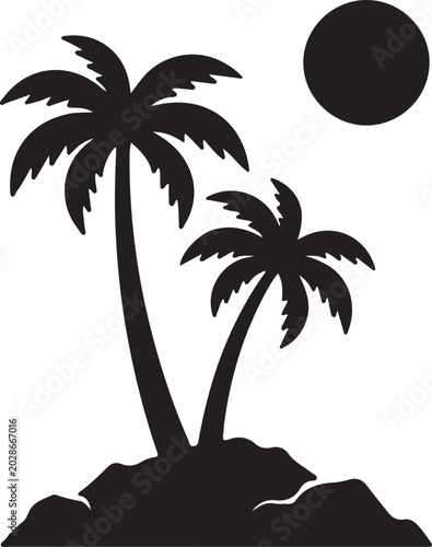 Monochromatic tropical island scene with hills