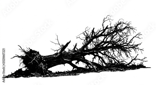 Bild auf Leinwand Dead fallen tree with roots silhouette isolated on white background