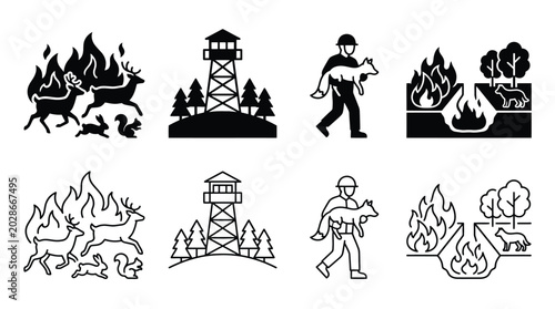 Картината върху платно Forest fire icons set, including wildlife fleeing, fire lookout tower, firefight