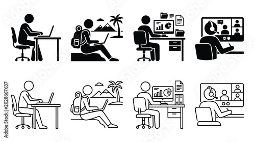 Bild auf Leinwand Set of stick figure icons representing remote work, digital nomad lifestyle, off