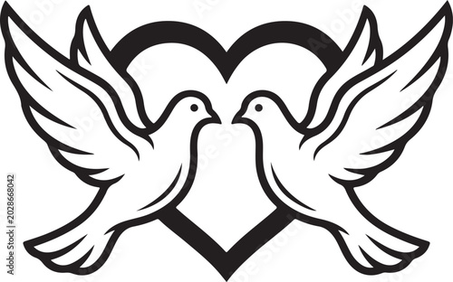 Two doves with heart illustration, love and peace symbol