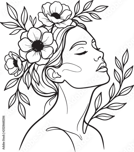 Woman face with flowers line art illustration