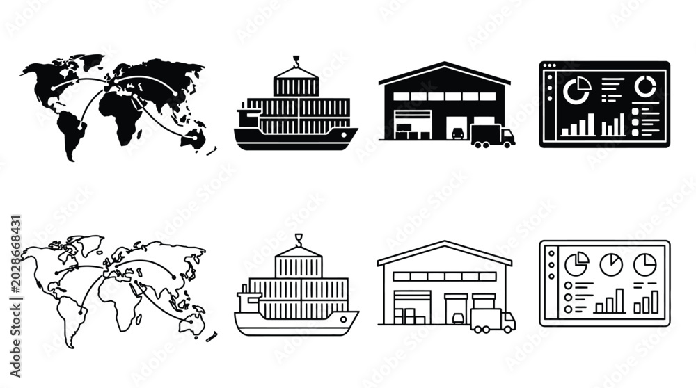 Fototapeta premium Logistics and supply chain icon set, including global shipping, cargo ship, warehouse storage, and data analytics dashboard