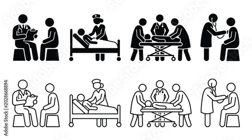 Tableau sur toile Medical consultation and hospital treatment icons set, doctor and patient, nurse