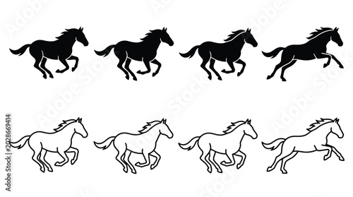 Photos Set of running horse silhouettes and outlines, vector illustration of galloping
