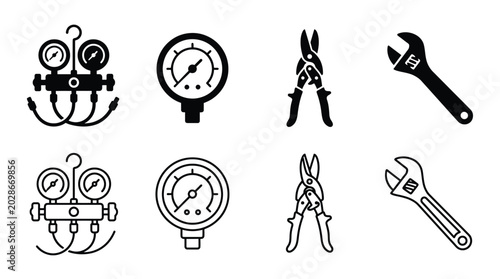 Tableau sur toile Set of hvac tools icons, including manifold gauge, pressure gauge, tin snips, an
