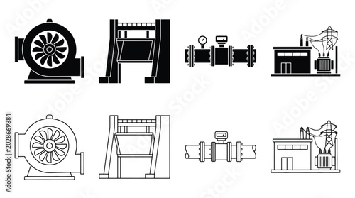 Bild auf Leinwand Industrial equipment icons set, including centrifugal fan, hydroelectric dam, pi