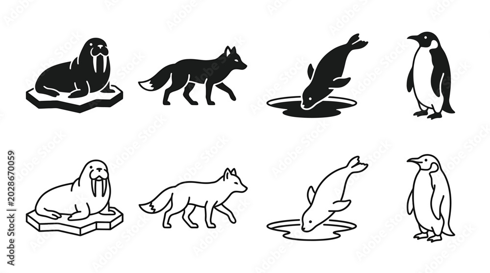 Fototapeta premium Set of arctic animals icons, walrus, fox, seal and penguin, vector illustration