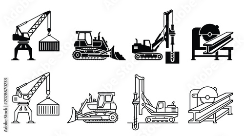 Fotografie Set of construction machinery icons, including cranes, bulldozers, drilling rigs