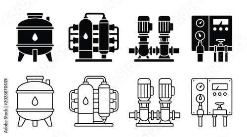 Foto Set of water treatment equipment icons industrial water filtration system, pump