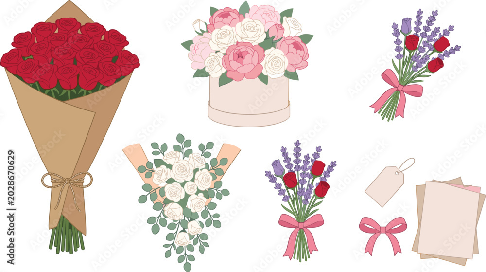 Fototapeta premium Elegant Flower Bouquet Collection with Romantic Rose Arrangements, Floral Gift Wrapping, Lavender Bunches, and Wedding Decoration Vector Elements