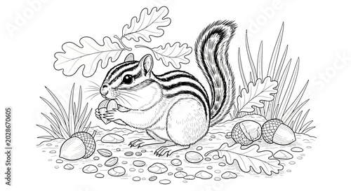 Foto Chipmunk holding an acorn outdoors.