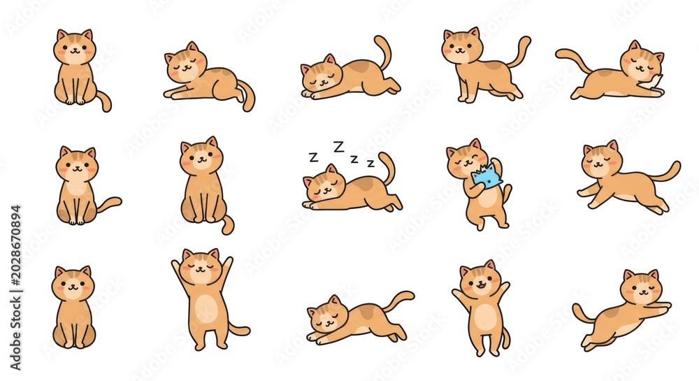 Obraz premium Cats are playing and sleeping in various positions and emotions.
