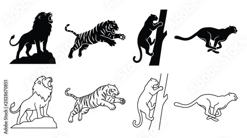 Photography Set of wild cat silhouettes, lion, tiger, leopard climbing tree and running chee