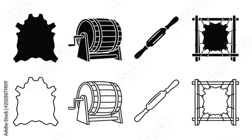 Принти на полотні Leather processing icons set tannery tools and materials, animal skin, tanning d