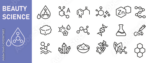 Skincare ingredient line icon set. Skincare and beauty product line icon set. Skincare and Beauty Symbols, Natural and Active Ingredient Collection. Molecule, vitamin, serum, collagen, crystal minimal