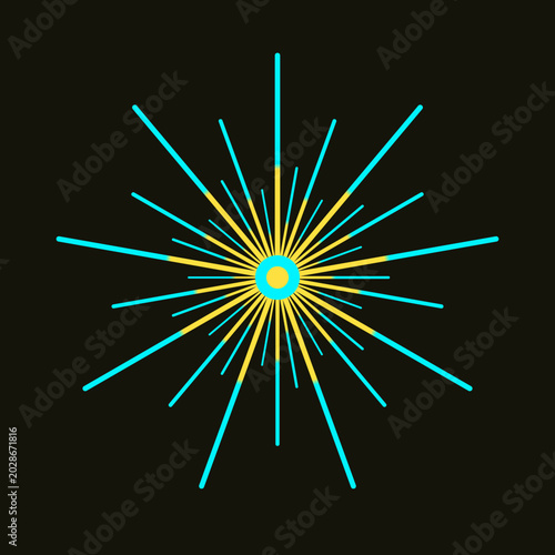 Canvas Print Radiant digital starburst with cyan and lime green lines emanating from a central yellow core