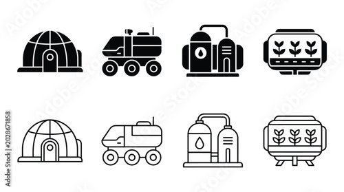 Foto Set of space exploration and colonization icons, including lunar habitat, rover,