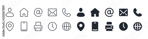 Contact us editable stroke outline and solid icons set. Flat vector illustration collection. Phone, mail, web, office and business information.