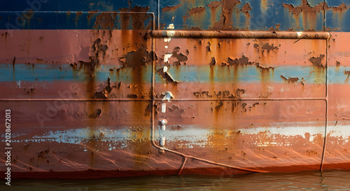 rusted ship hull detail peeling paint close up texture with blue and orange tones