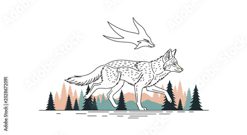 Wolf running with bird flying.