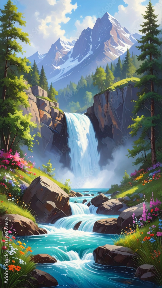 Fototapeta premium Powerful waterfall between cliffs in vibrant mountain valley.