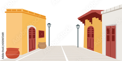Quadro su tela Colorful street scene with buildings and lamps isolated on transparent backgroun