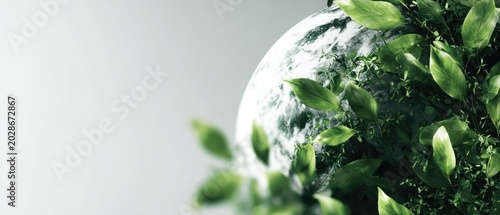 Abstract rendering of a planet covered in vibrant green foliage and leaves copy space