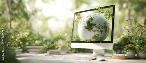 Computer screen displaying world globe surrounded by lush green plants concept