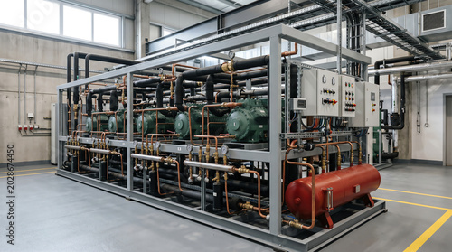 Multi-circuit refrigerated rack system with parallel compressors and a liquid receiver filling the machine room of a large supermarket store