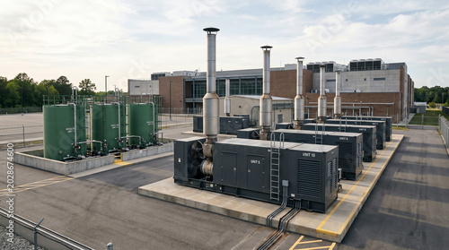 Exterior standby-generator yard with diesel generator enclosures and bulk fuel tanks ready to back up a data center through a prolonged grid outage