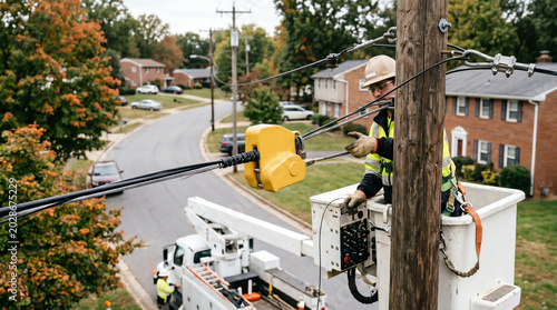 Outside-plant crew lashing a new aerial fiber cable to a messenger strand from an insulated bucket truck along a quiet tree-lined residential route