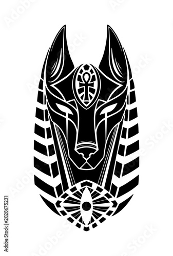 Black and white Anubis head tattoo design with Ankh symbol
