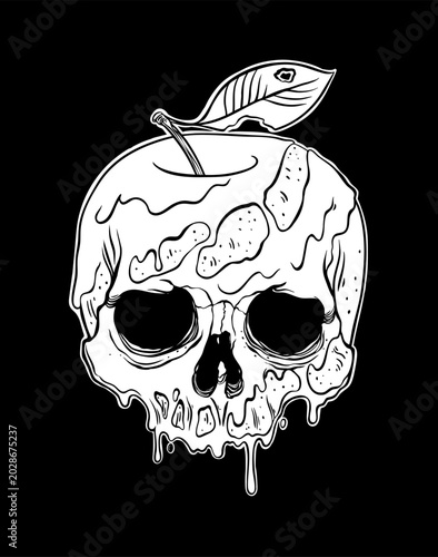 Melting poison apple skull silhouette black and white illustration