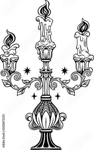 Vintage ornate candelabra with melting candles tattoo design