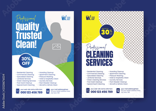 Modern cleaning service flyer poster template featuring eco friendly house cleaning sanitation disinfection janitorial solutions designed for A4 print ready brochure cover advertising design
